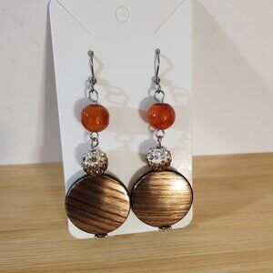 Hand Crafted Earrings Pierced Beaded Dangle Orange Brown CZ